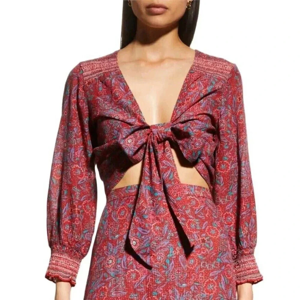 New Veronica Beard Cropped Jaquard Top Size Large Red Sarah Tie-Front Printed
